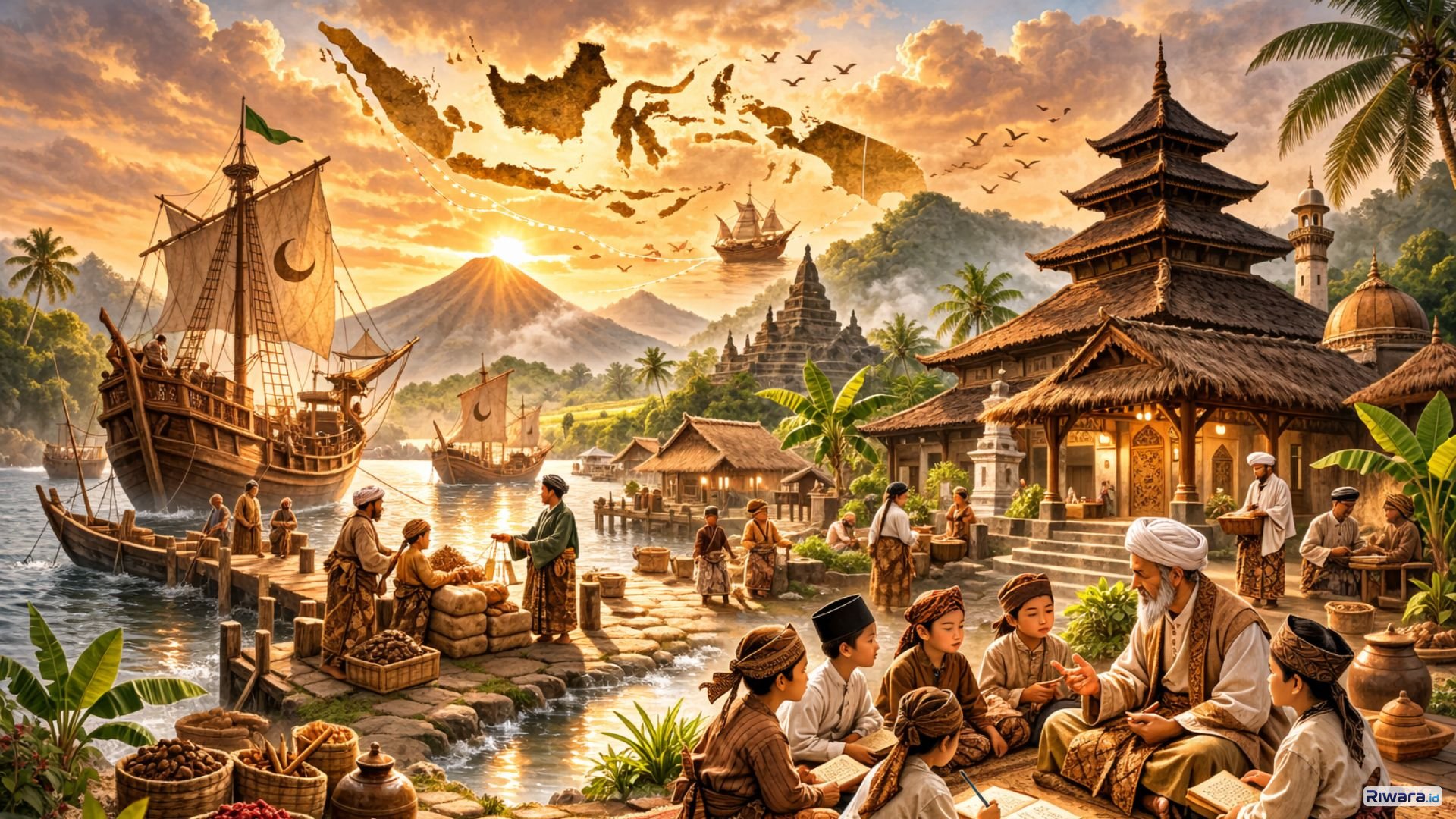 Ilustrasi suasana pelabuhan Nusantara pada masa awal penyebaran Islam, ketika pedagang dari Timur Tengah berinteraksi dengan masyarakat lokal Jawa dan memperkenalkan ajaran Islam melalui perdagangan dan pendidikan.